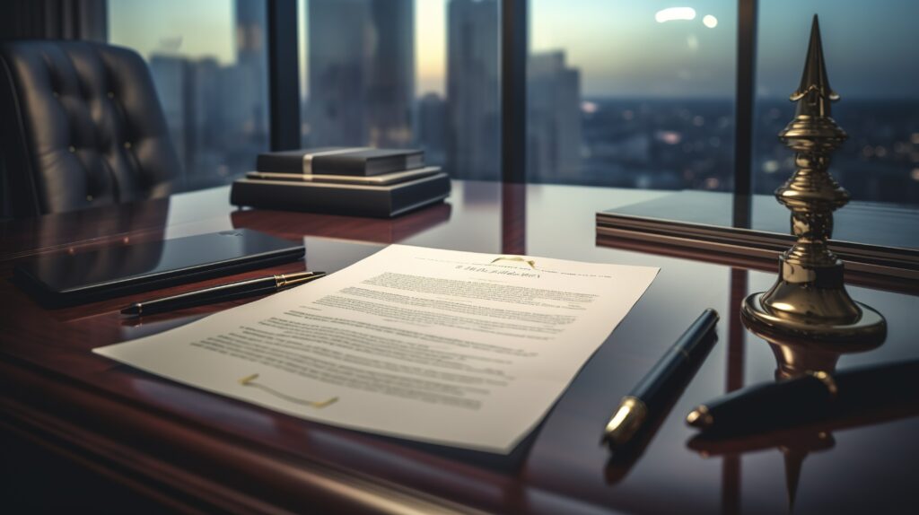A photo of a legal contract on a conference room table